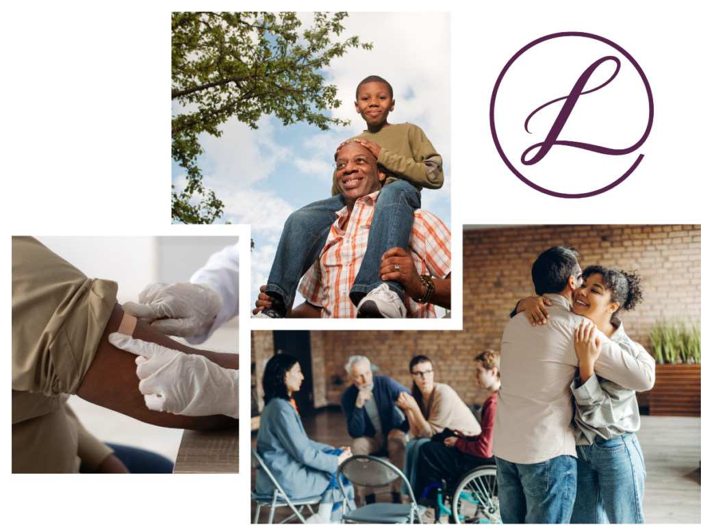 A collage of community members receiving care and celebrating together